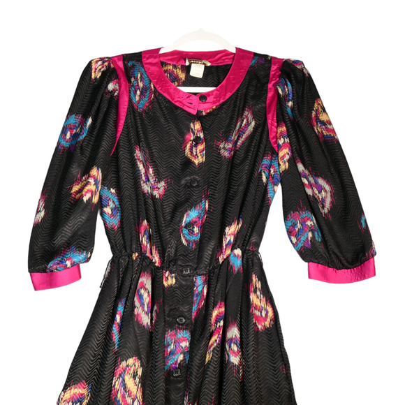 Vintage Robbie Bee Midi Dress Womens 7 or 8 Black Pink Paisly Artsy Shoulder Pad - Picture 2 of 14